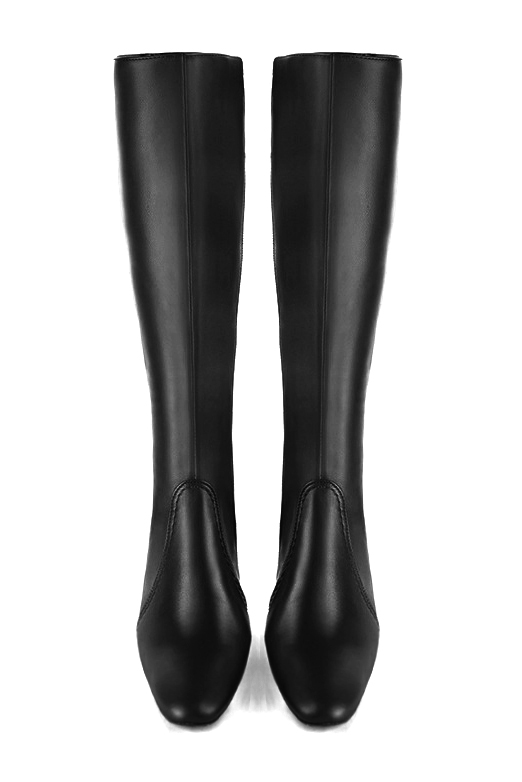 Satin black women's feminine knee-high boots. Round toe. Medium block heels. Made to measure. Top view - Florence KOOIJMAN